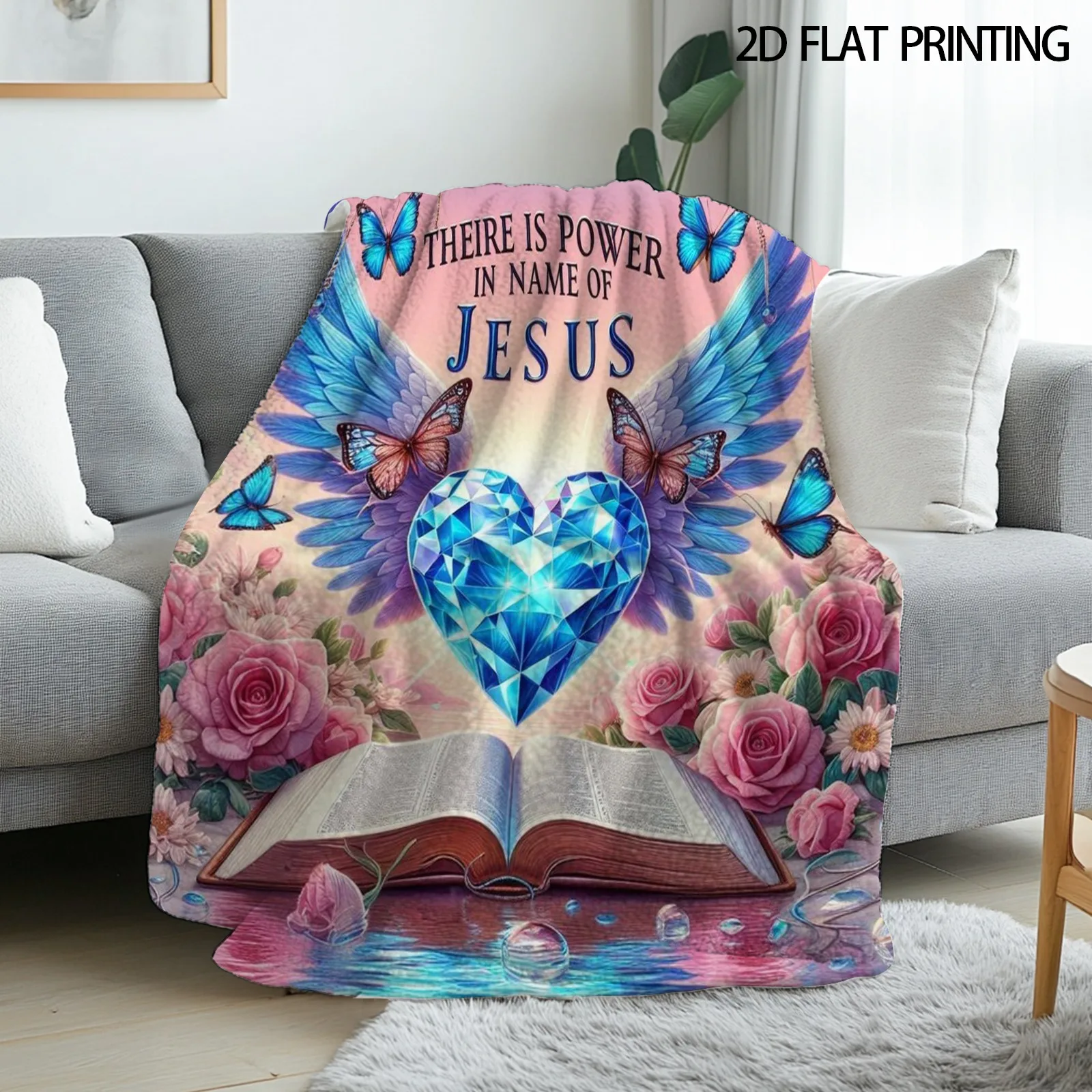 Power in Jesus Flannel Throw Blanket Christian Bible Wings Butterfly Heart Floral Design Sofa Bed Couch Bedroom Living Room Religious Home Decor Church Gift Office Travel Nap Blanket Spiritual Bedding Faith Gift Prayer Room Accent Christian Keepsake