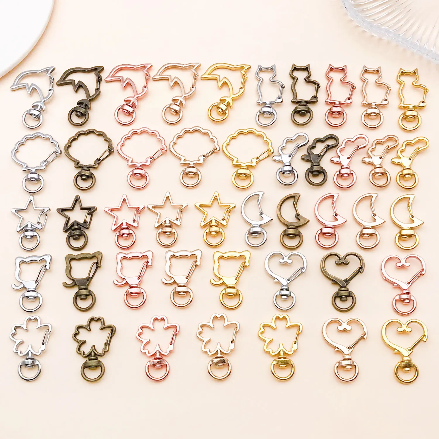 5pcs/lot Heart Star Moon Cat Dog Shell Dolphins Flowers Charms Lobster Clasps Hook For DIY Key Chain Jewelry Making Supplies