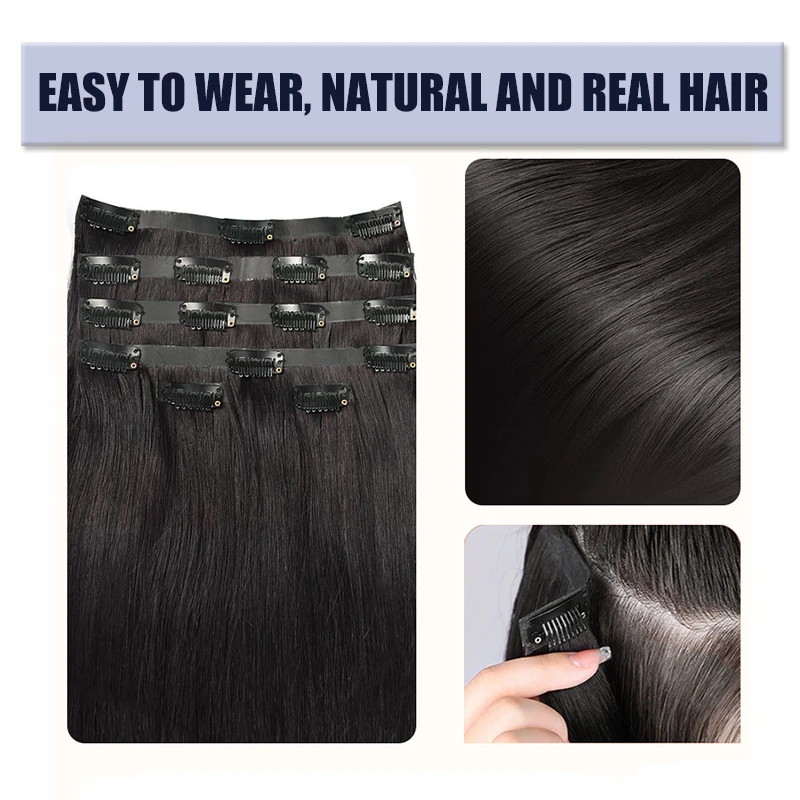 Seamless Pu Clip in Hair Extensions Human Hair Natural Straigh Brazilian Virgin Hairpiece Double Weft Extensions For Full Head