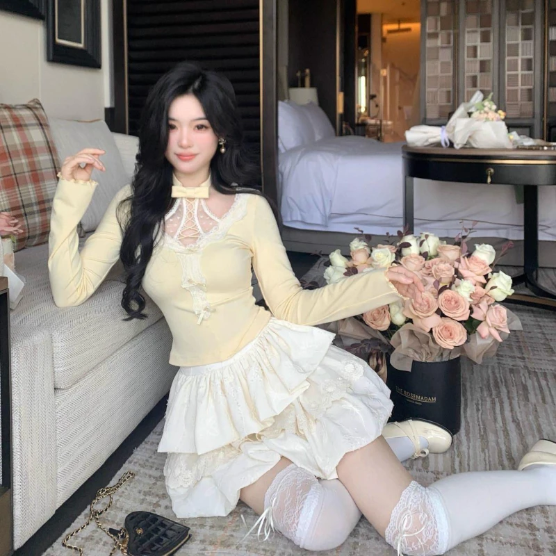 

Autumn Sweet Fashion 2 Piece Set Lace Patchwork Slim Fit Tops + High Waist Solid Cake Skirts Y2k Mini Skirt Woman