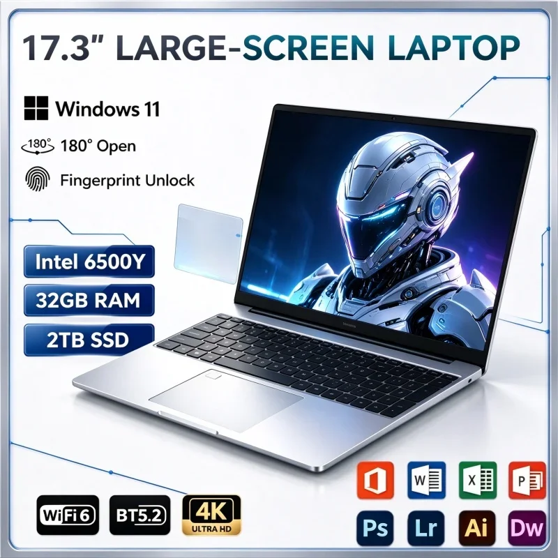17.3 Inch Portable Laptop Intel 6500Y 32GB RAM 2TB SSD Windows 11 Fingerprint Unlock Business Notebook Computer For Outdoor Work