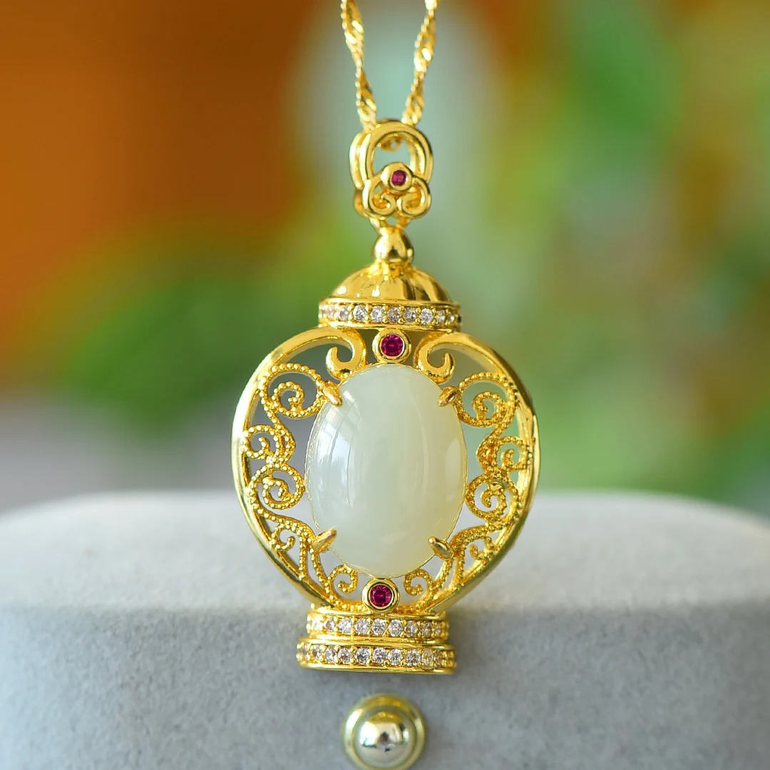 

Natural, fashion, inlay, Hetian jade, white, color zirconium hollow, pendant