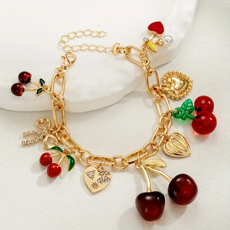 Bonita pulsera hecha a mano con forma de corazón y cereza, cadena gruesa de Color dorado, brazalete con dije de moda, regalos de joyería