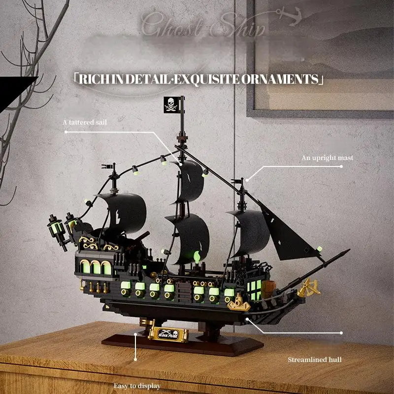 

OUZEY Light Up Ghost Ship Building Blocks for 14+, DIY Phantom Pirate Ship Model Kits, Halloween Themed Decoration Gift