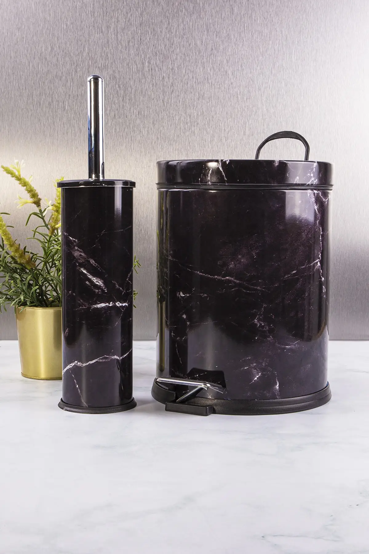 

Luxury 2 Pieces Black Bathroom Accessories Set Marble Patterned Toilet Brush and Trash Can For Bathroom Metal Set Made In Turkey