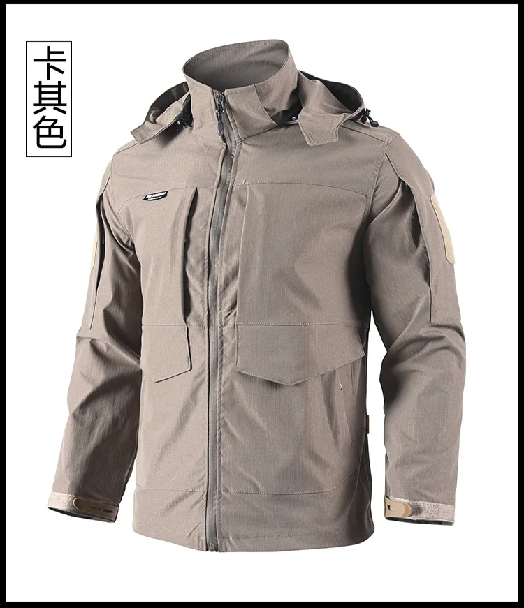 Frühling Herbst Herren Softshell Taktisches Zweiteiler-Set Wasserdicht Winddicht Multi-Taschen Abnehmbare Kapuze Jacke Gerade Cargohose – Detail 19