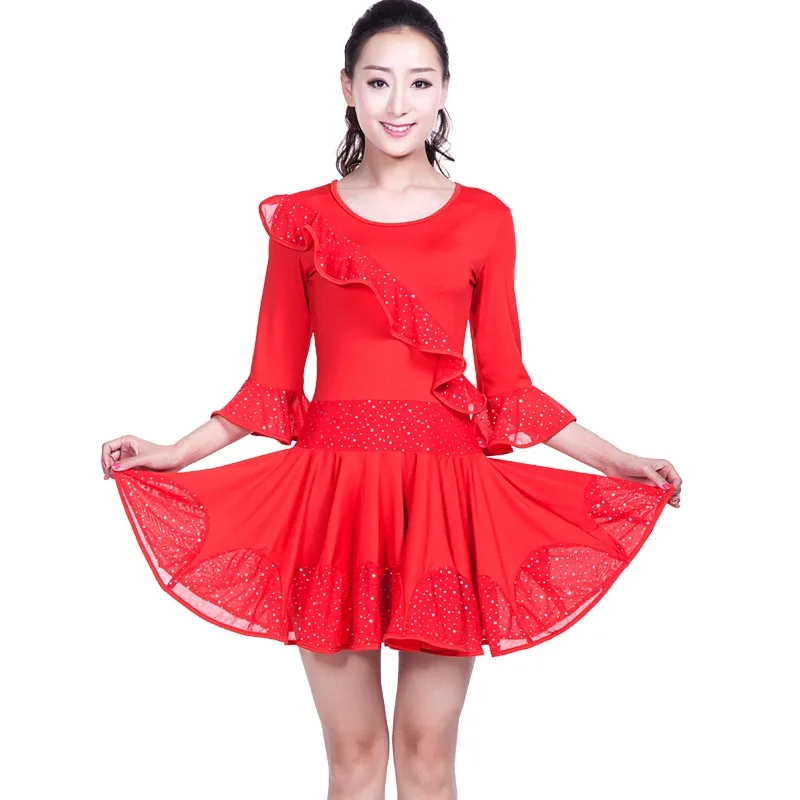 

Современное латинское платье по индивидуальному заказу, комплект с круглым вырезом и средним рукавом, сверкающая юбка для танцев для взрослых и женщин, тренировочное платье