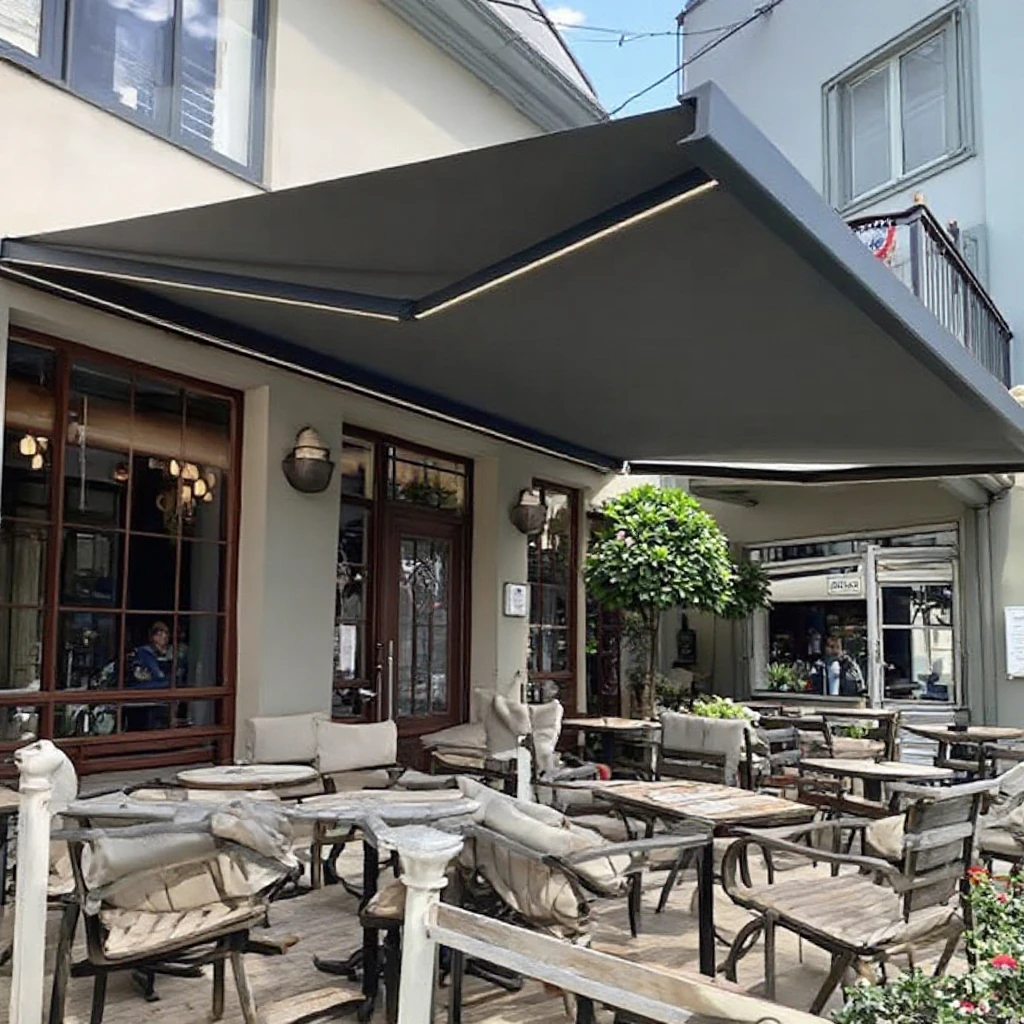 

Luxury Waterproof Full Cassette Retractable Patio Awning Aluminum Frame White Finish Motorized Remote Control Acrylic PVC Shade