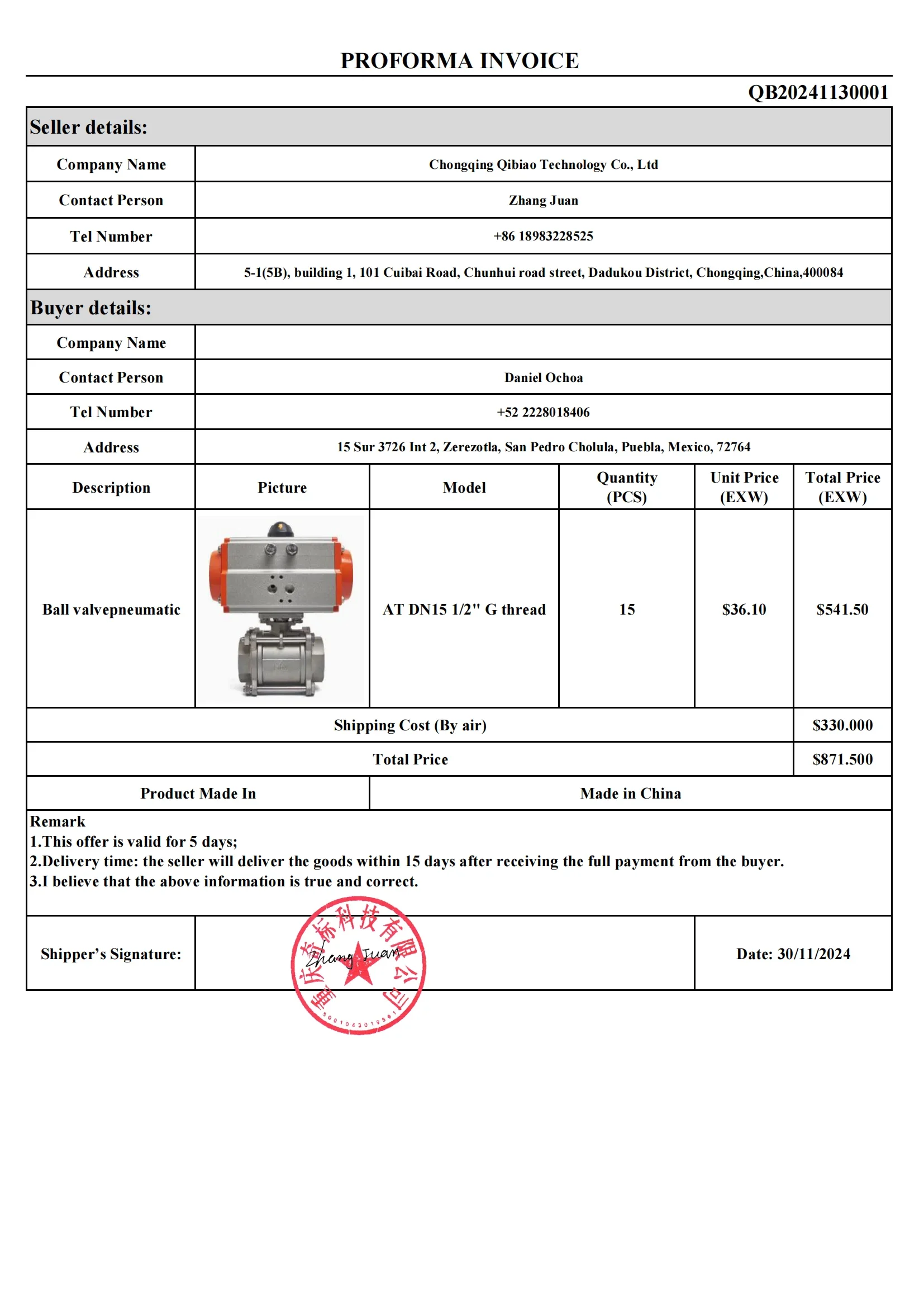 Pneumatic Ball Valve AT DN15 15PCS