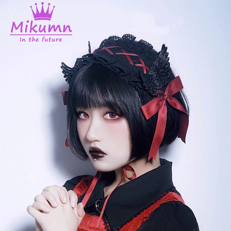 Gothic Lolita Headband Black Red Lace Angel Wings Cosplay Headwear Women Girls Kawaii Hair Accessory