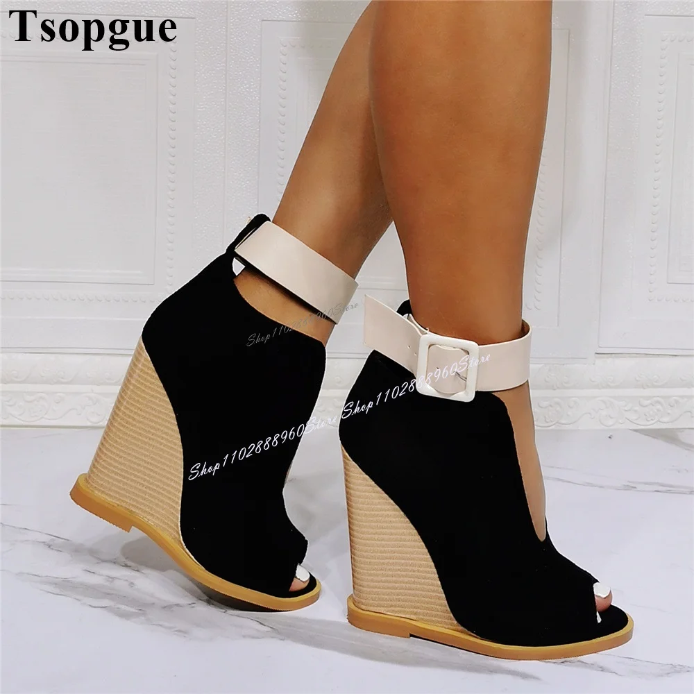 

Western Black Flock Wood Heel Sandals Wedges Heel Women Shoes Ankle Buckle Strap Peep Toe 2024 Fashionable Zapatos Para Mujere