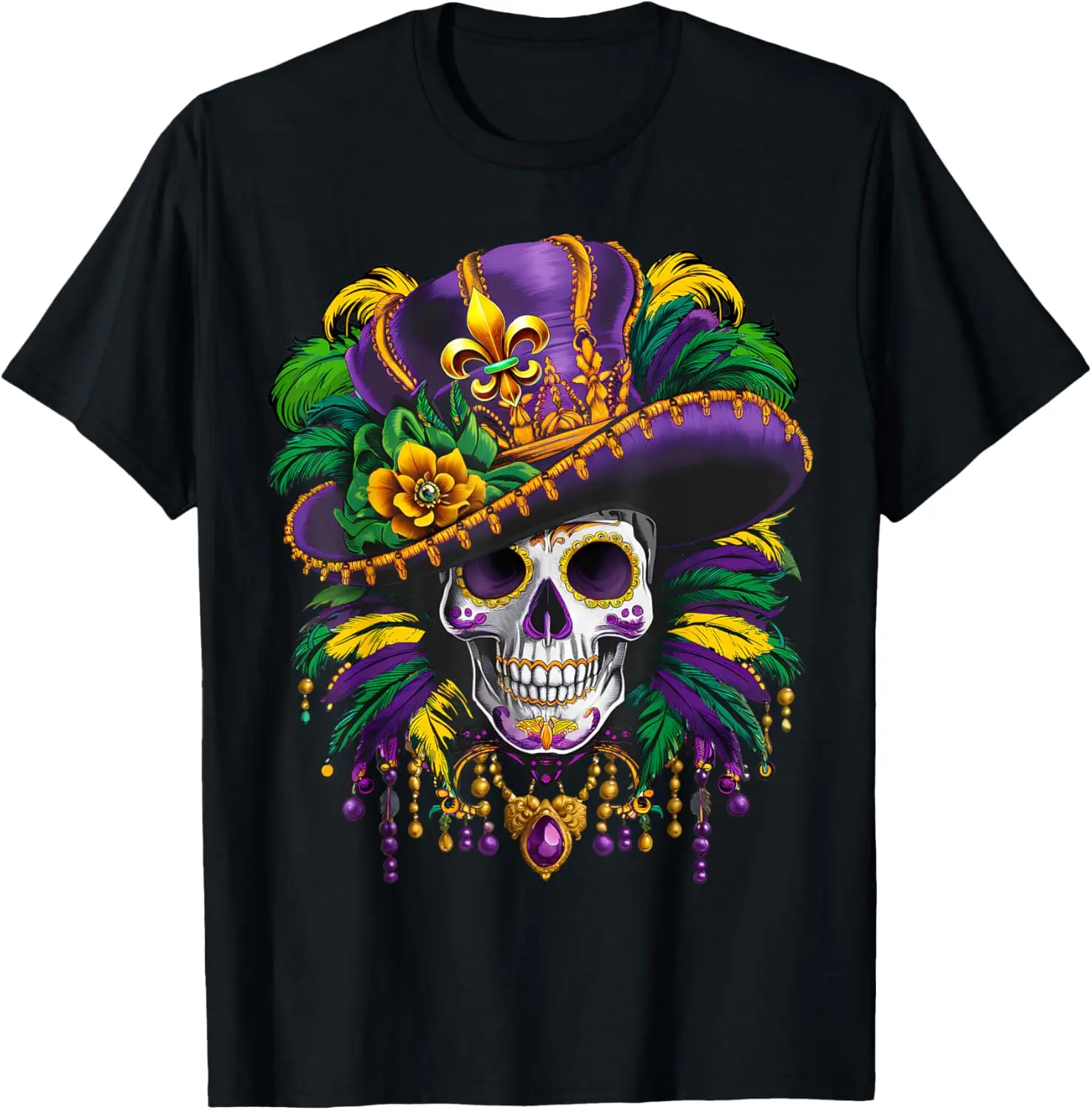 

Mardi Gras Sugar Skull Fleur de Lis Graphic Tee Cotton Breathable Trip T-Shirt
