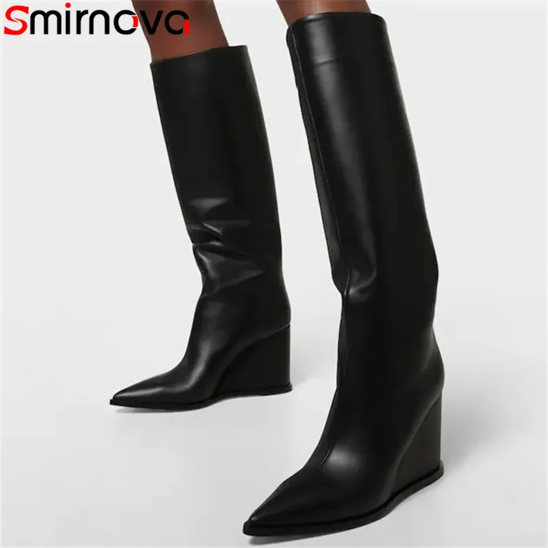 

Smirnova 2022 Size 33-46 New Arrive Wedges High Heels Dress Shoes Knee High Boots Genuine Leather Women Boots