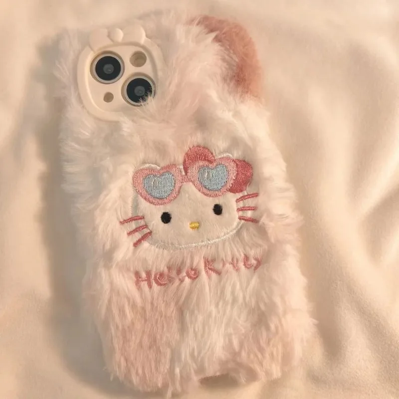 New Kawaii Korean Style Plush Embroidery Hello KT Cat Suitable for Apple 16/14 Promax Phone Case IPhone 13 Apple 12/11 Girl Gift
