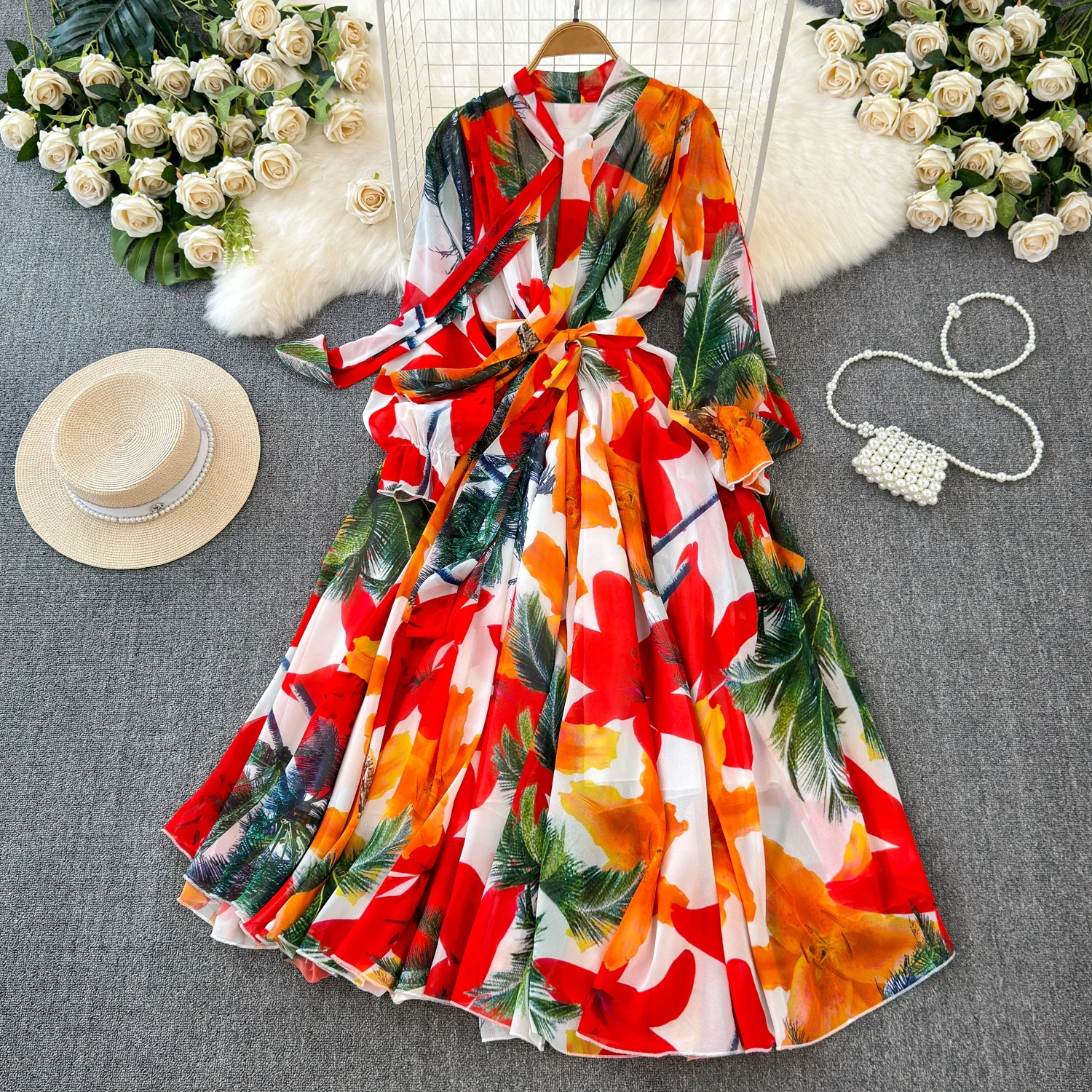 Clothland Women Vintage Floral Chiffon Maxi Dress Bow Tie Sashes Long Sleeve One Piece Chic Long Dresses Vestido QD789