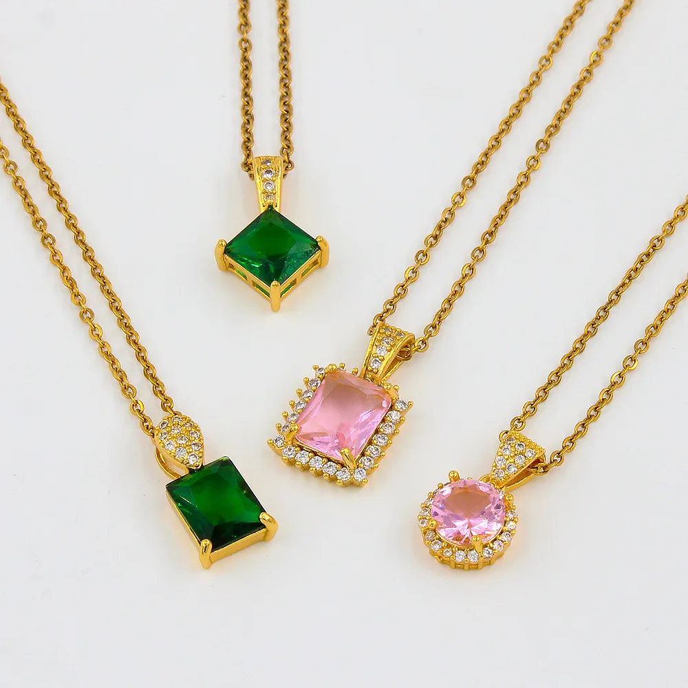 DIY accessories European and American light luxury new stainless steel O-chain inlaid with pink and green zircon pendant necklac