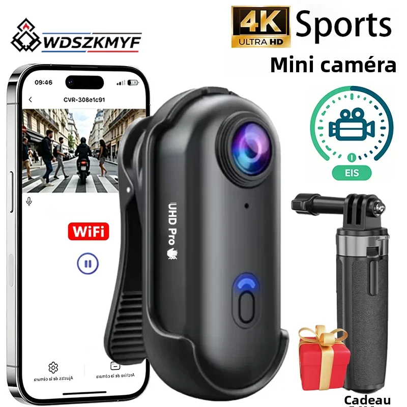 Caméra d'action miniature H88Pro 4K HD, EIS, WiFi, légère, caméra corporelle POV, moto, animal de compagnie, sport, enregistreur vidéo Vlog, trépied extensible