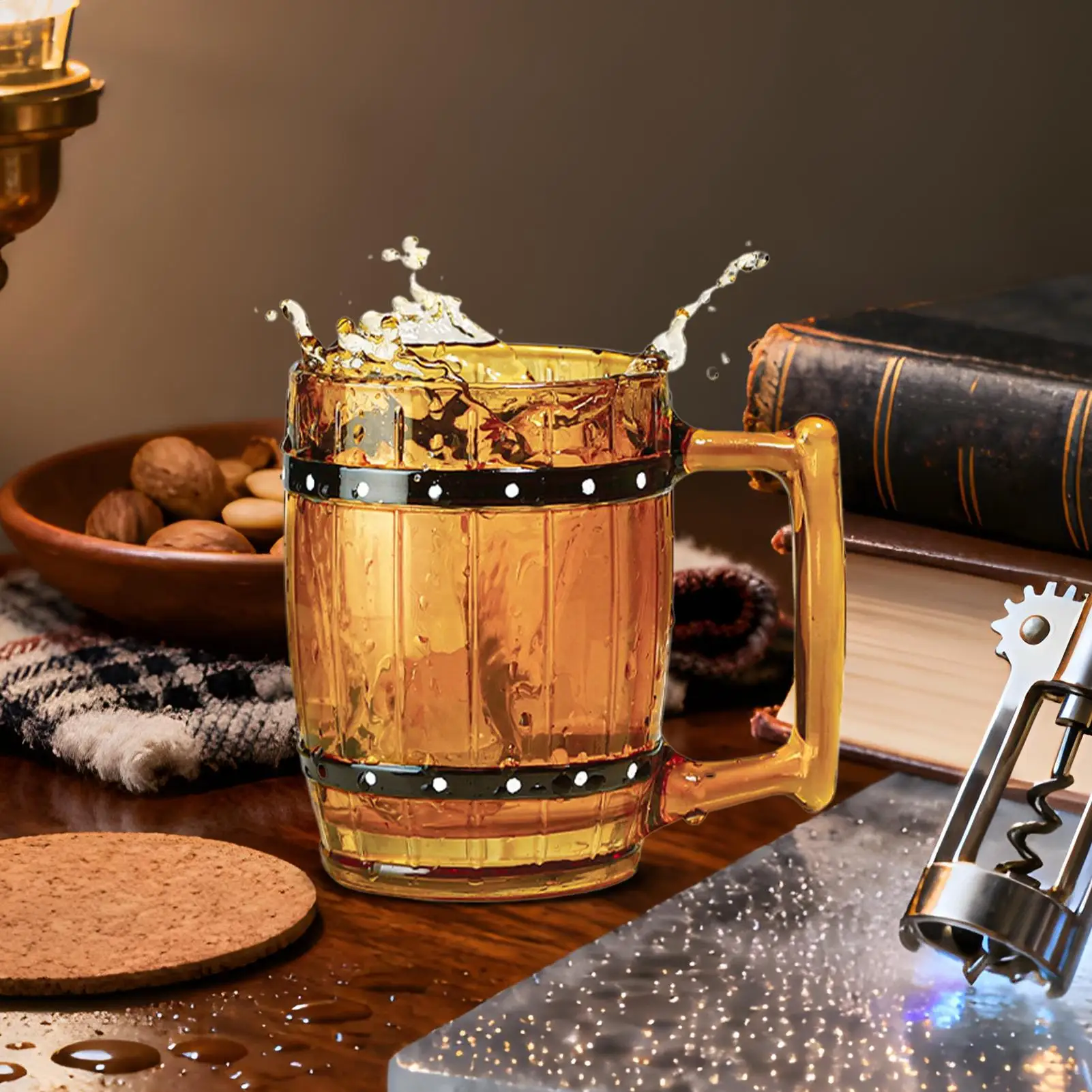 

Vintage Wooden Barrel Shaped Glass Beer Cup 300ml Coffee Cup Mug Ergonomic Handle Barrel Shape Glass Cup For Water Wine Tea