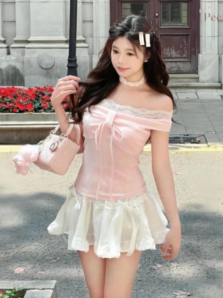 Design Sweet Off Shoulder Pink T-Shirts Women Elegant Kawaii Slim Long Sleeve Lace Tops Female Fashion Lovely Skinny Outfits New