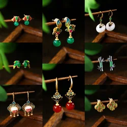 New Chinese Fashion Natural Jade Pendant Stud Earrings for Women Retro Design Small Luxury Jewelry Painted Enamel Elegant Gifts