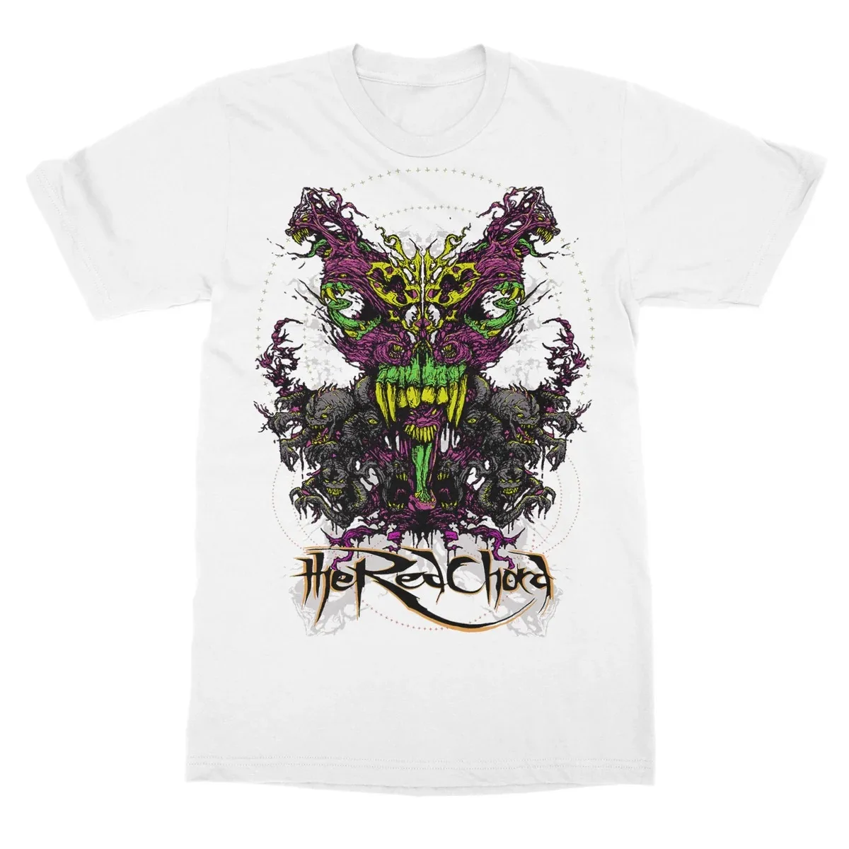 The Red Chord Colorful Monster Skull Print T Shirt, Intricate Hand Drawn Artwork of Giant Fanged Beast and Wrapped