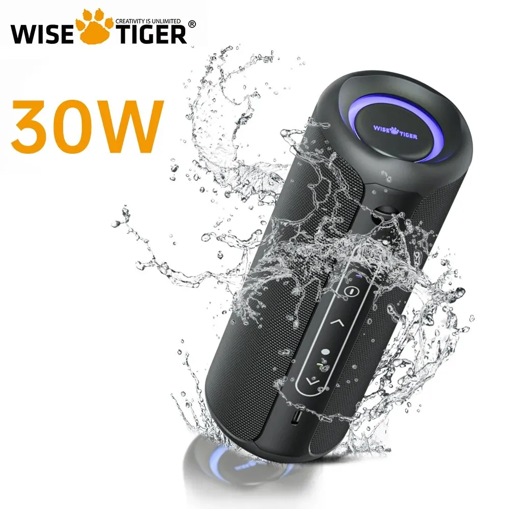 WISETIGER P3 Altavoz Bluetooth portátil 30W al aire libre IPX7 impermeable bajo Boost caja de sonido TWS doble emparejamiento BT5.3 luces RGB