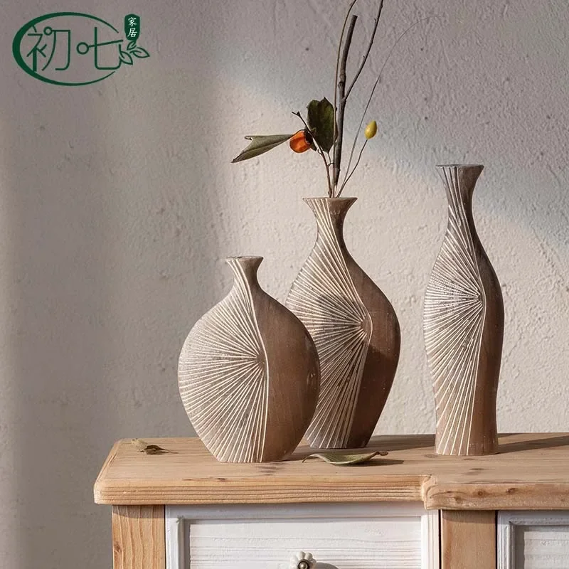 Medieval Style Zen Solid Wood Vase Wabi Sabi Desktop Dry Flower Arrangement Ornament for Living Room Homestay Decoration