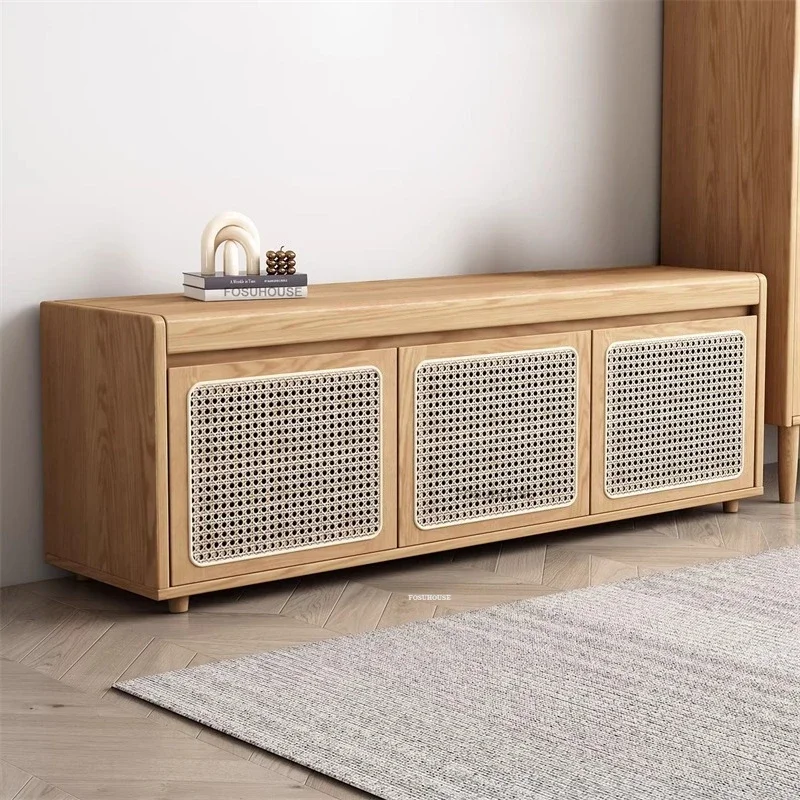#Japanese Rattan Shoe Cabinets Home Doorway Flip-top Storage Ottomans Luxury Living Room Furniture Solid Wood Shoe Changing Stoo