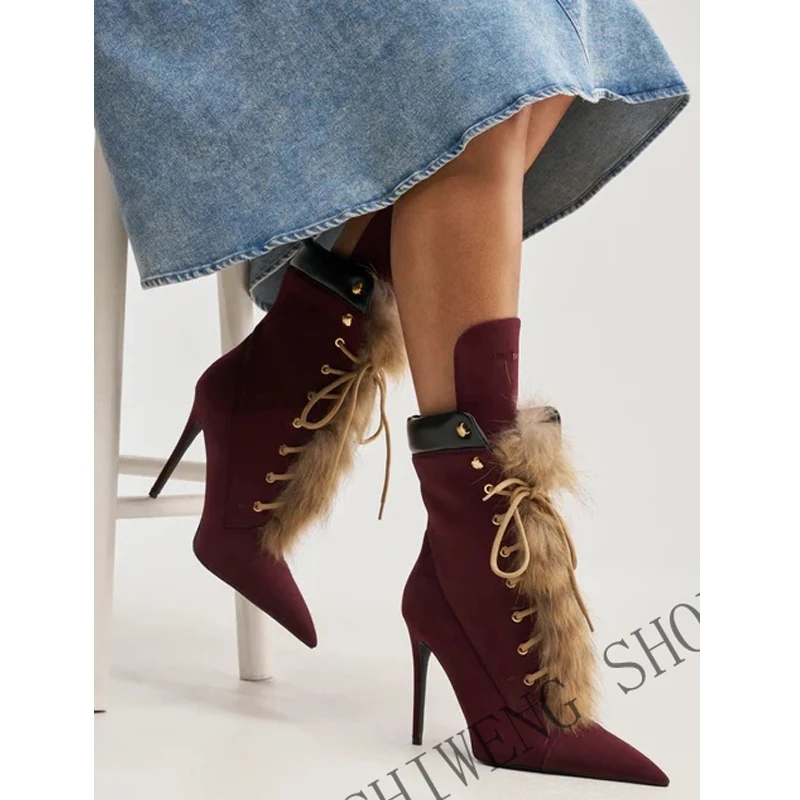 2026 Wine Red Real Fur Stiletto Ankle Boots Women Trends Outfit Cross Tied Winter Snow Shoes Female Haute Pointed Toe Back Zippe