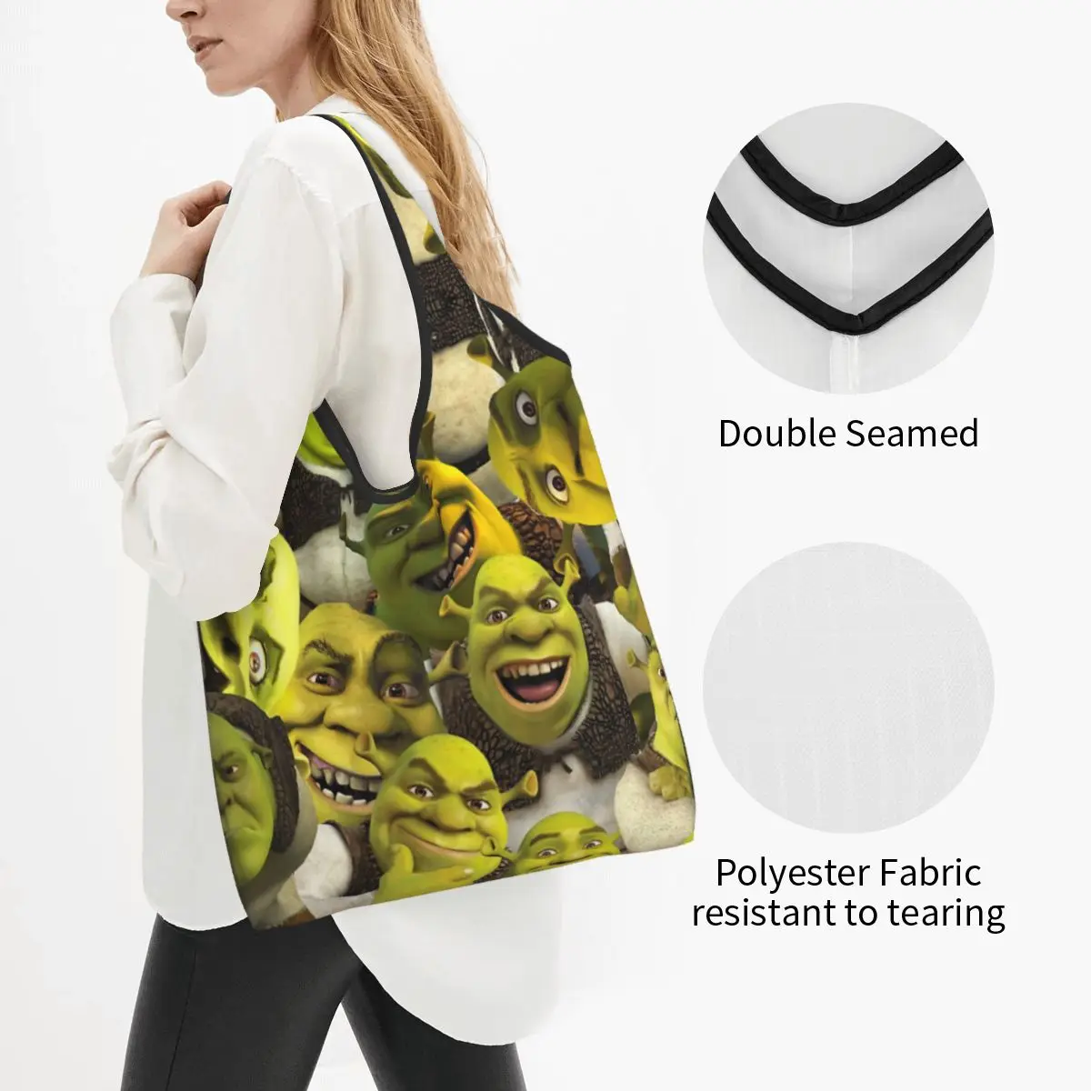 Custom Recycling Shrek Collage Shopping Bag Women Tote Bag Portable Anime Comedy Film Groceries Shopper Bags