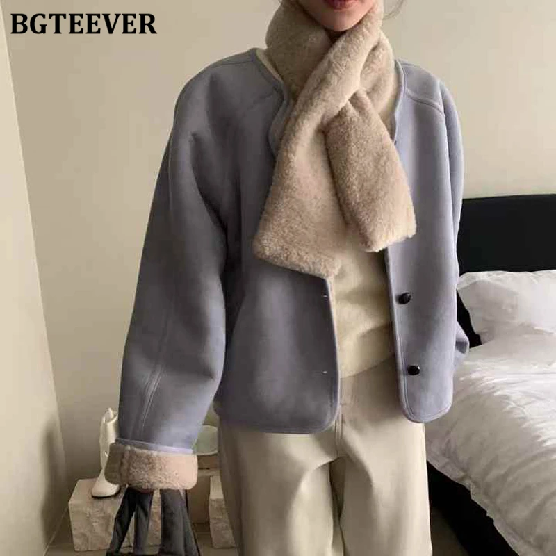 

BGTEEVER Chic Casual Thicken O-neck Single-breasted Ladies Jackets Autumn Winter Stylish Long Sleeve Warm Loose Women Coats