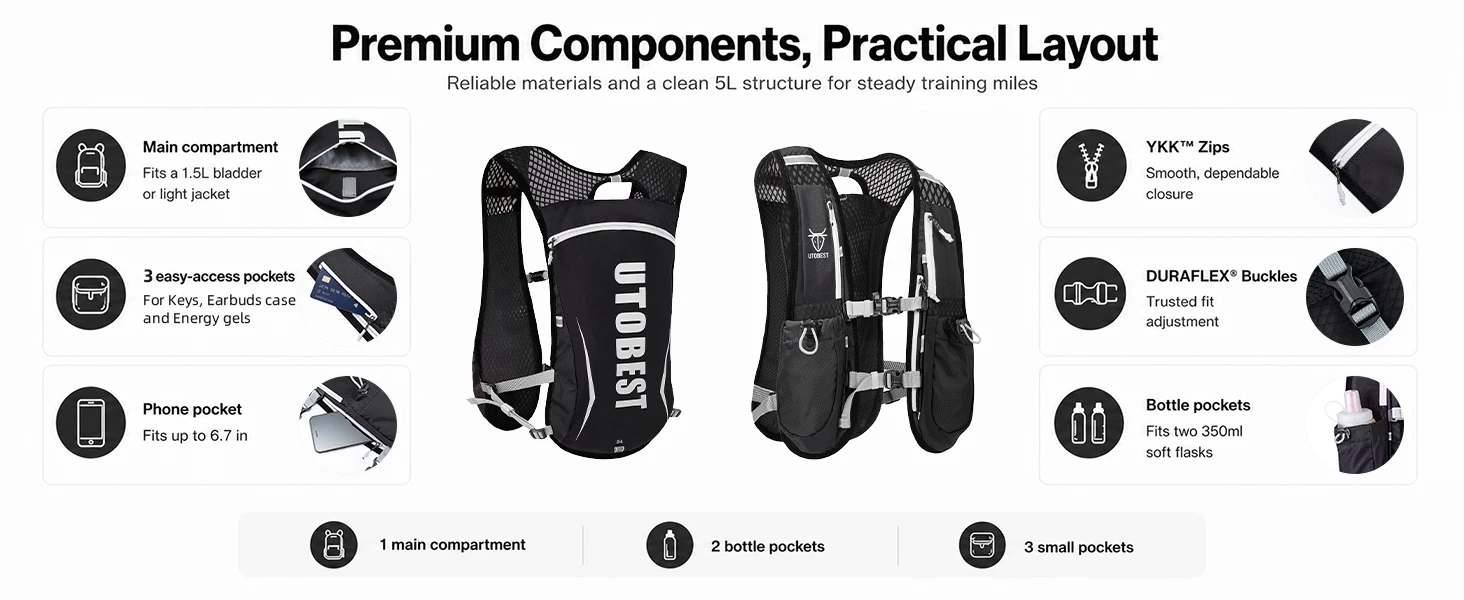 Utobest Trail Running Rucksack 5l ultraleichte Trink weste atmungsaktive Funktions packung für Marathon-Radfahren Wandern – Detail 2