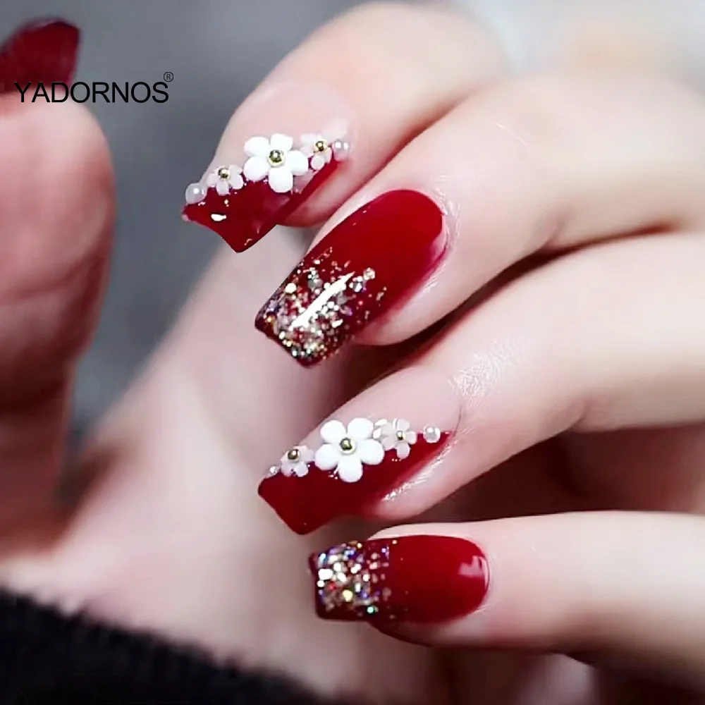 24Pcs Full Cover Fake Nails with 3D White Flower Design Full Cover Press on Fingernails Tips Coffin Head Glitter Red False Nails