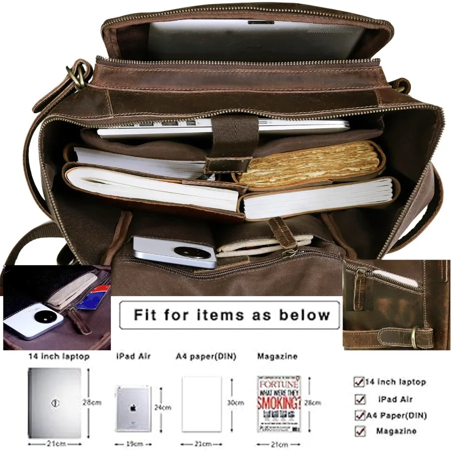 HLC Leather Backpack Genuine Laptop Rucksack For Men Women Genuine Large Capacity Business Retro Travel Camping Daypack Bag Bro