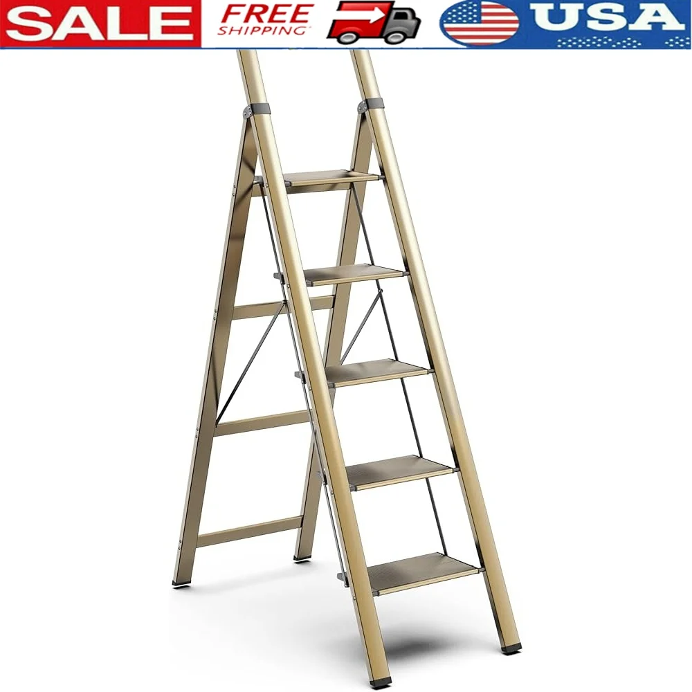 

5 Step Ladder Heavy Duty Aluminum Folding Step Stool Lightweight Anti-Slip Handgrip Stepladder Home Kitchen Library Safe and