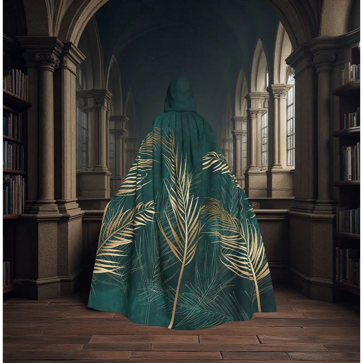 

Botanical With Deep Teal Green And Golden Accents Long Hooded Cloak Witch Medieval Costume Cosplay Cape HalloweenVampire Unisex