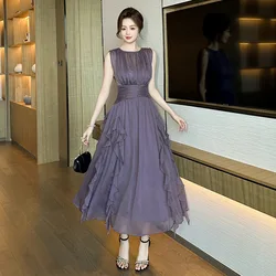 A-Leibniz - Summer, New, Women's Clothing Design, Pleats, Waist-slimming, Slimming, Ruffles, Purple, Chiffon Dress