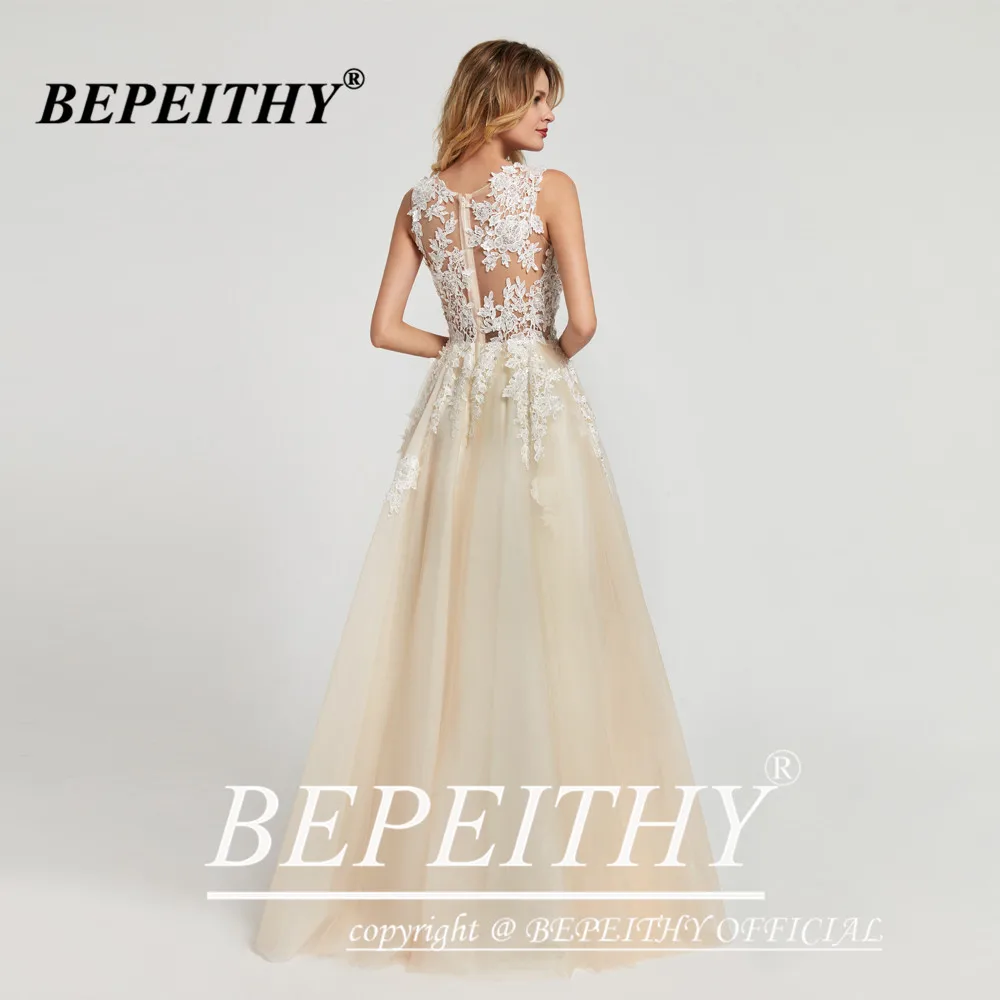 BEPEITHY Customized Luxury A-line O Neck Wedding Dress Bride Lace Sheer Top Sleeveless Champagne Soft Tulle Beach Bridal Gowns