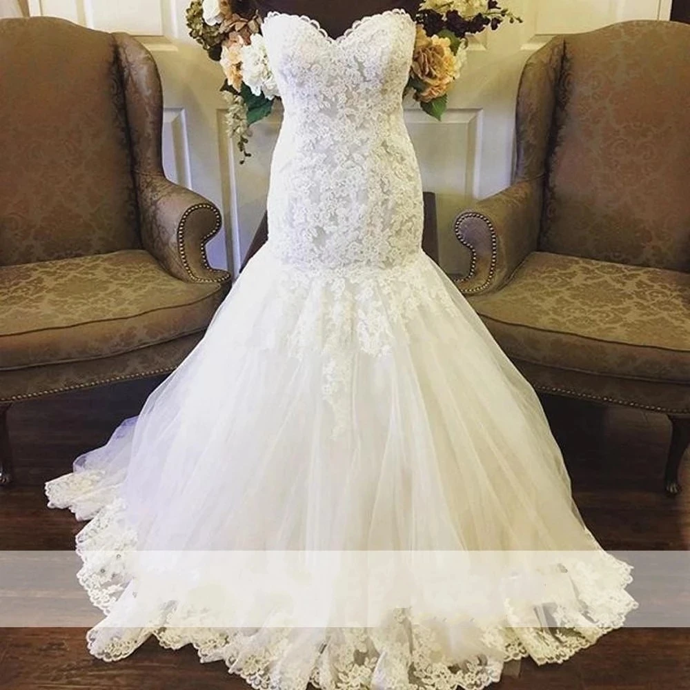 

ANGELSBRIDEP Sweetheart Mermaid Wedding Dresses Vestido De Noiva Lace Appliques Tulle Appliqued Sleeveless Formal Bridal Gowns