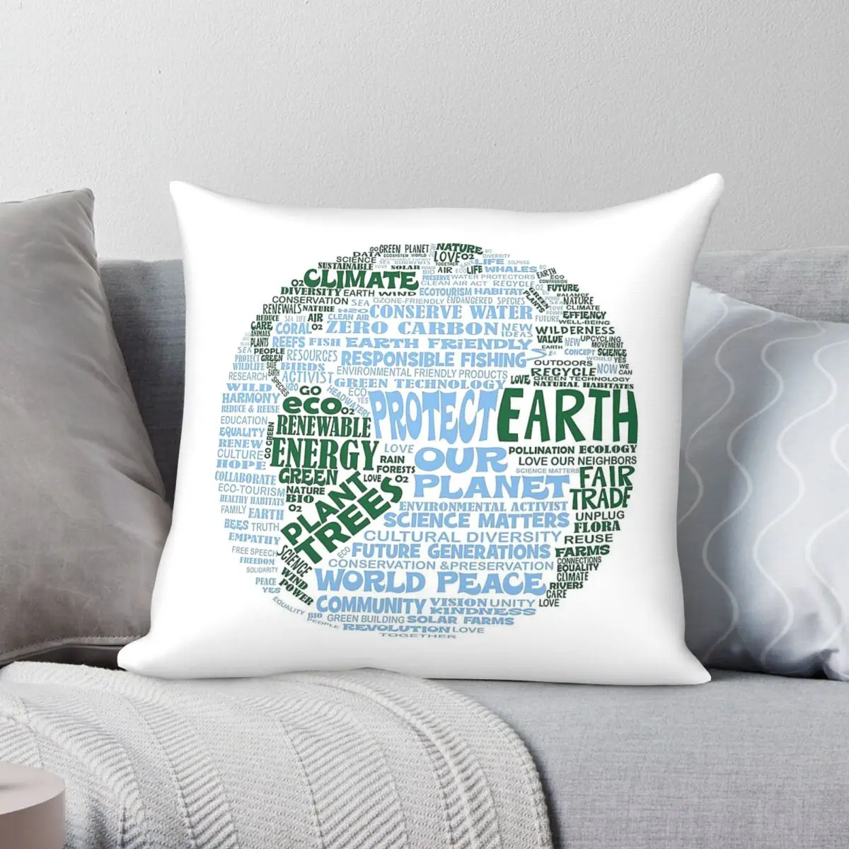 Protect Earth Blue Green Words Pillowcase Polyester Linen Velvet Pattern Zip Decorative Bed Cushion Cover 45x45
