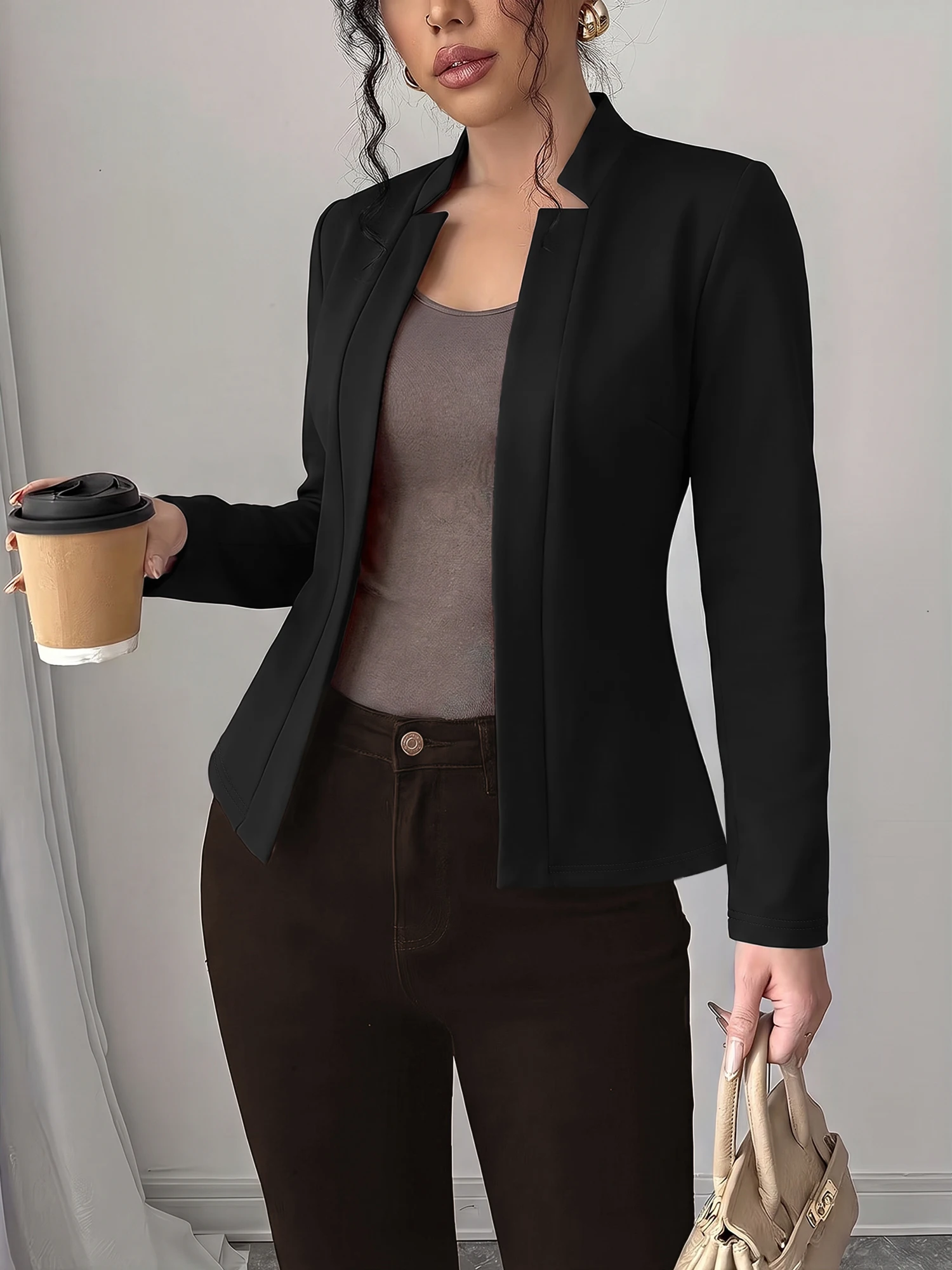 Ladies Solid Color Stand Collar Blazer Open Front Long Sleeve Slim Fit Formal & Casual Dual-use Outer Coat