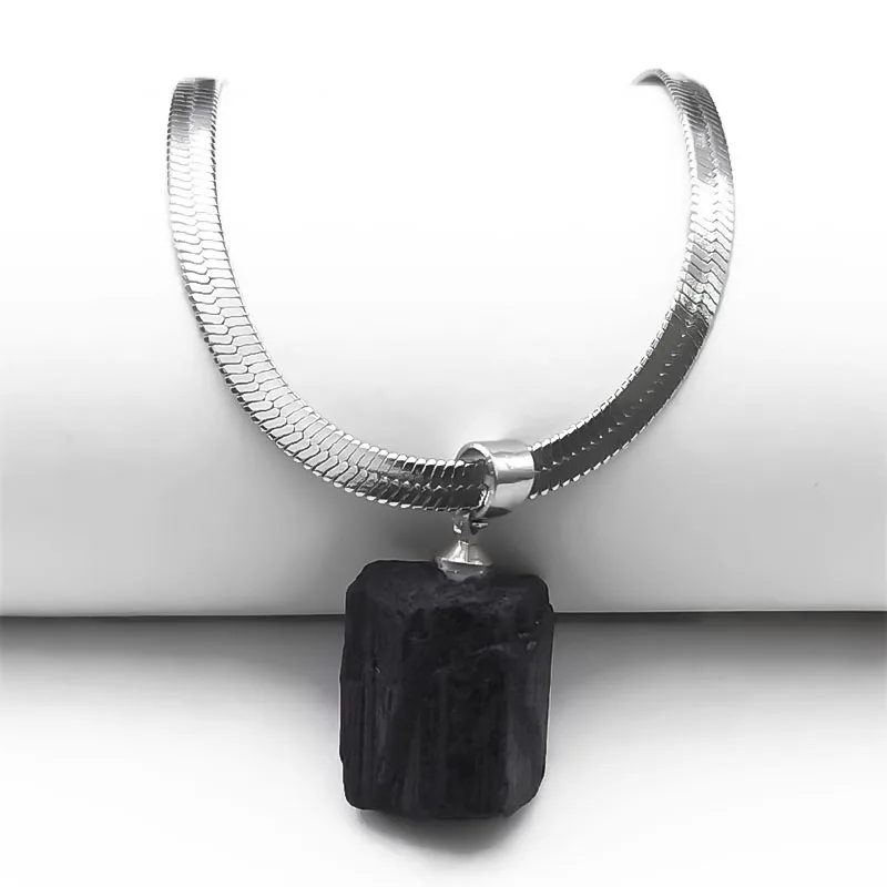 Unregelmäßige natürliche schwarze Turmalin Anhänger Halskette für Frauen Männer Edelstahl Schlange Klinge Kette Halsketten Schmuck NXXXXS04 – Detail 4