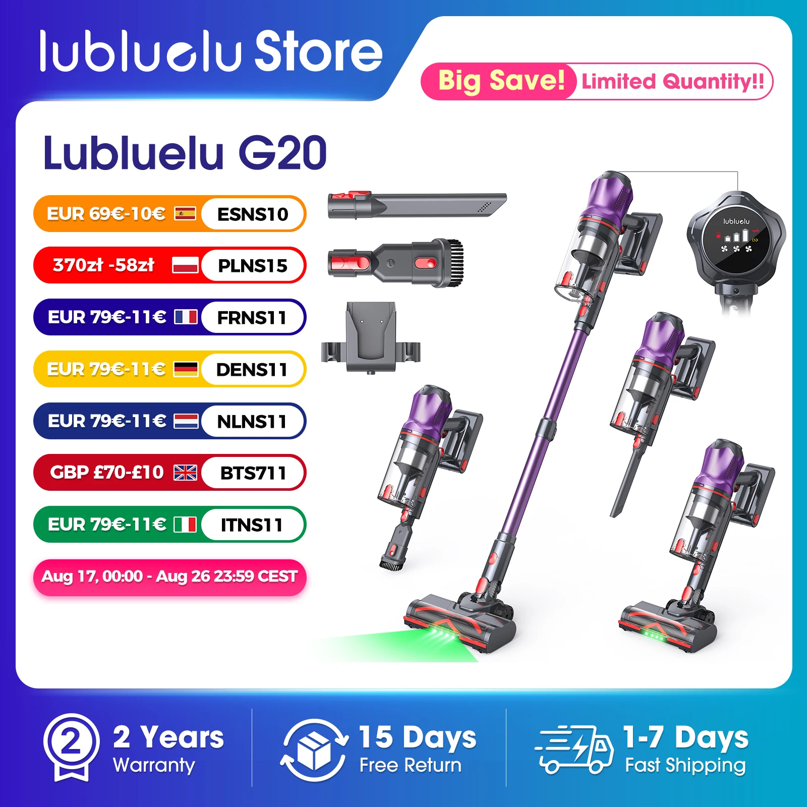 Lubluelu G20 650W Kabelloser Staubsauger 80KPA Starke Saugkraft für Tierhaare und Teppiche 60 Minuten Laufzeit 950ml Haushaltsreinigung