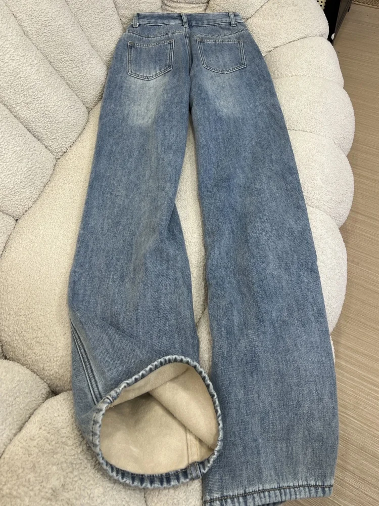 

Ретро Fce Lined Thi Широкие джинсы Женские осенне-зимние новые свободные утягивающие джинсовые брюки больших размеров прямого кроя