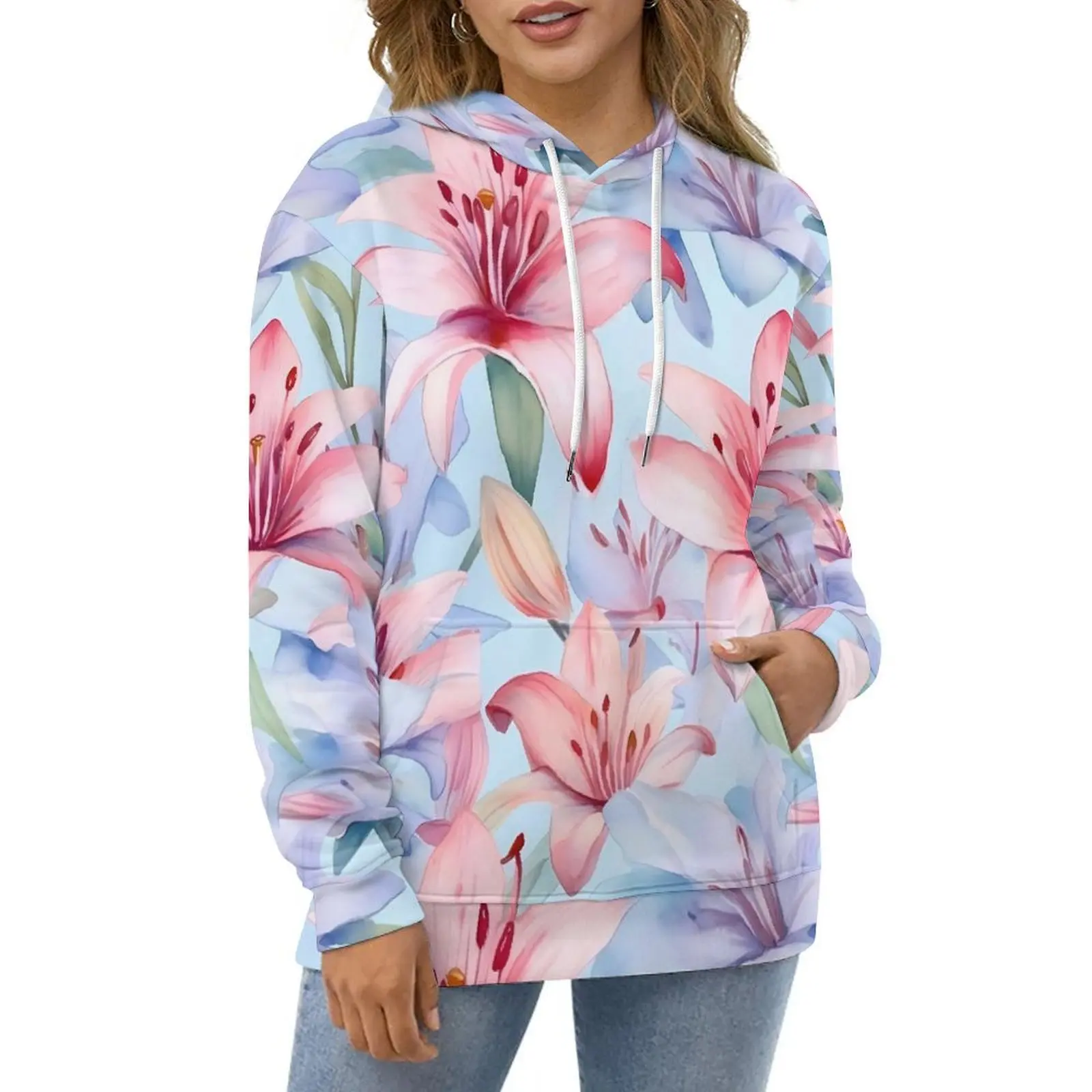 

Pink Lily Floral Hoodies Watercolor Flower Street Style Casual Hoodie Long Sleeve Y2k Pattern Hooded Sweatshirts Big Size 5XL