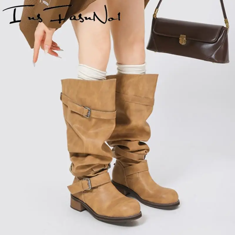 

Женские туфли выше колена на массивном каблуке и платформе с пряжкой на ремне, модные универсальные повседневные рыцарские сапоги в стиле ретро, уличные готические боты, новинка