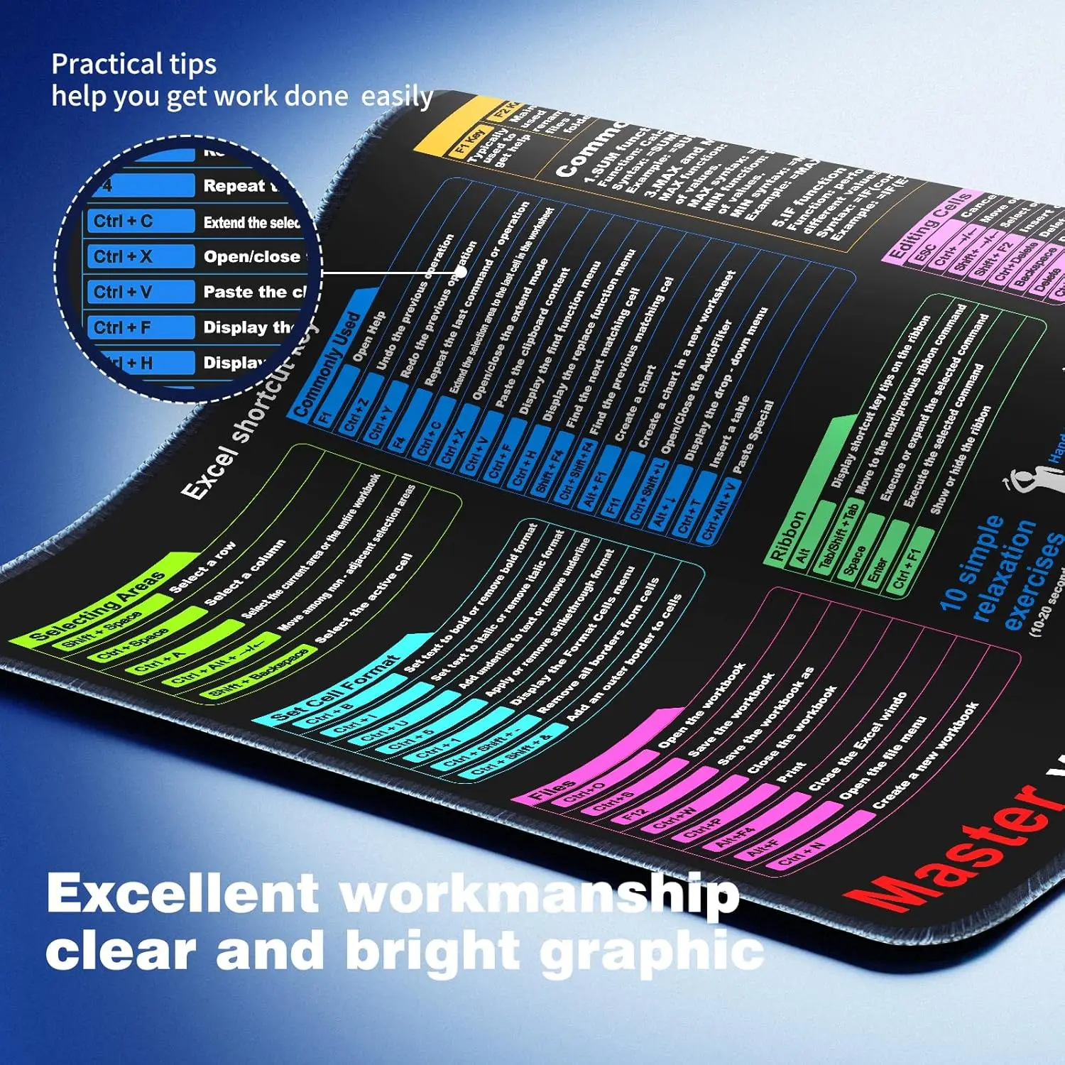 Tapete de mesa à prova d'água - Tapete de mesa Excel Cheat Sheet Tapete de mouse para jogos XL grande | Tapete de teclado de escritório Tapete de computador com atalhos excel