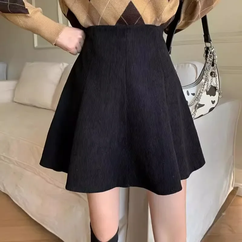 2024 New High-Waisted Corduroy Mini Dress Women's Autumn/Winter Plus Size Slimming Tummy-Concealing Puff Skirt Umbrella Skirt