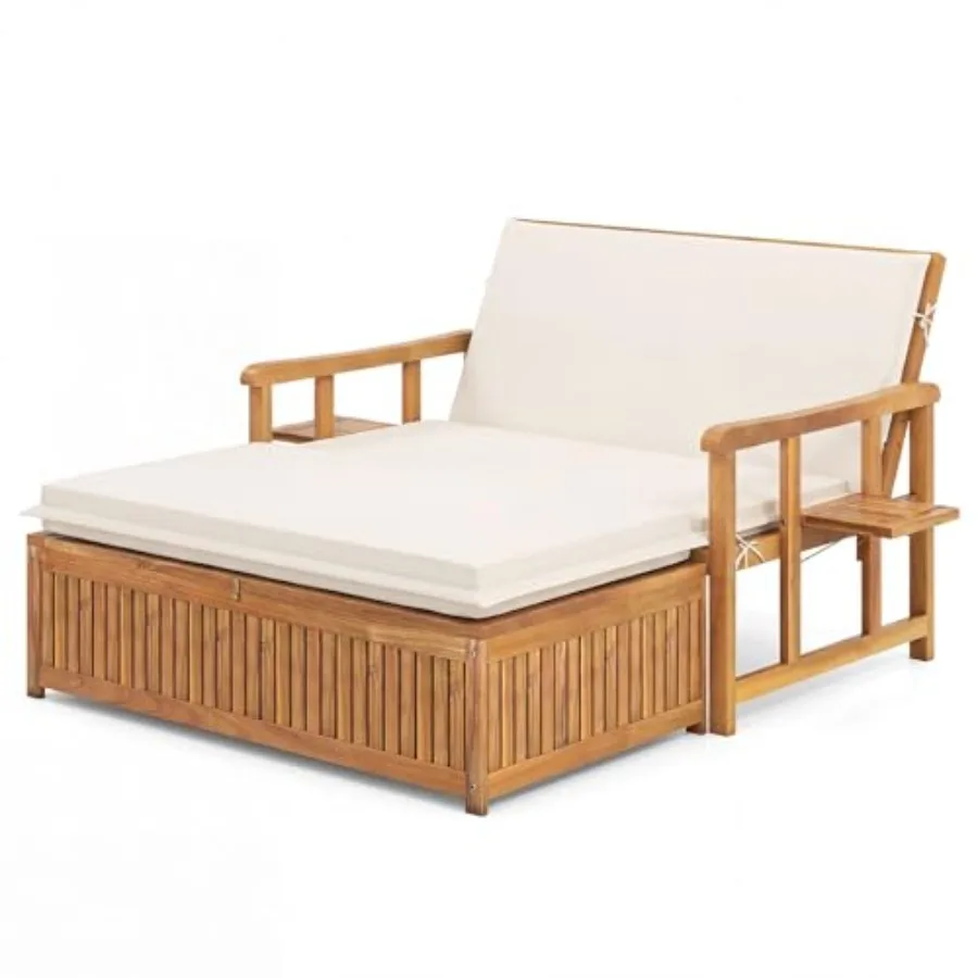 Outdoor daybed for backyard, porch, pool, patio use; acacia wood; natural brown; 4-level backrest, storage ottoman, cushions, d