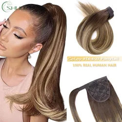 Coleta de cabello humano con Clip, extensión de cola de caballo, extensión de cabello humano liso con pasta mágica